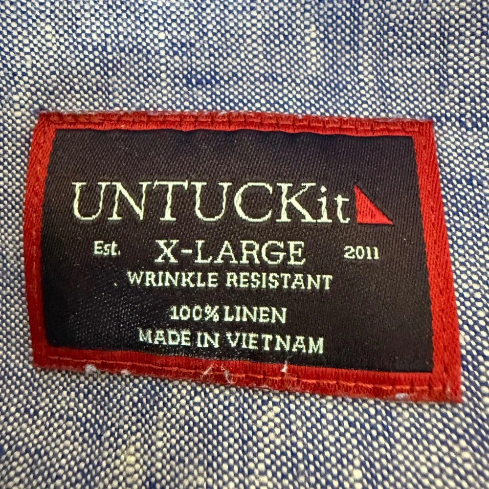 UNTUCKit Mens XL Blue Linen Wrinkle Resistant Short Sleeve Shirt NEW Button Up - Picture 2 of 7